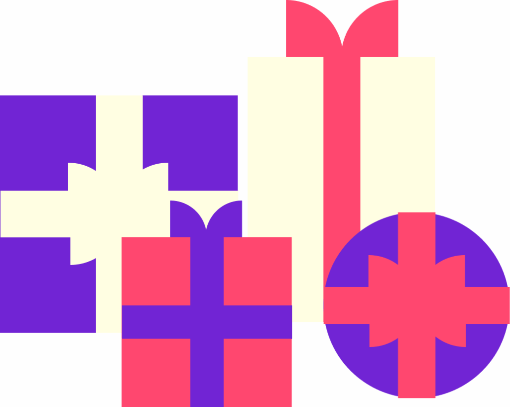 familiestøtten-gaver Fire julegaver i ulike størrelser, som er satt sammen av firkanter, sirkler, halvmåner